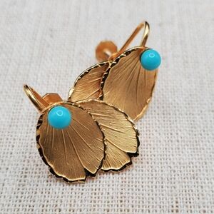 Vintage Gold Leaf Drop Earrings with Turquoise Accent - Bond Boyd Canada
